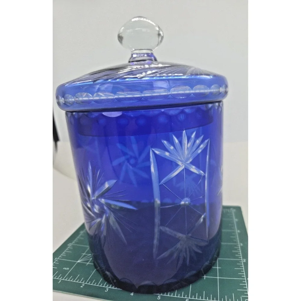 Bohemian Czech Cobalt Blue Cut to Clear Pinwheel Biscuit Cookie Jar Ice Bucket